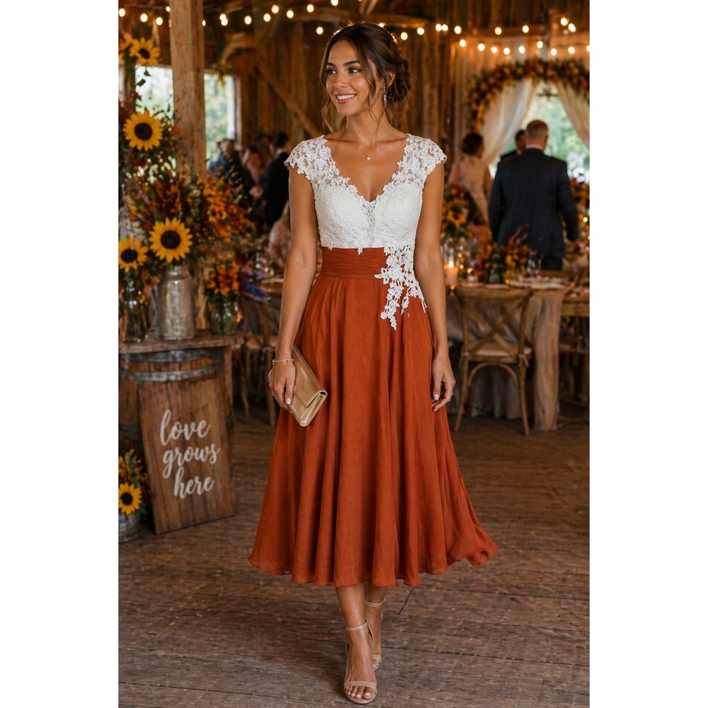 VNAIX Rust Orange White Lace Cap Sleeve Midi Wedding Guest Dress Size 8